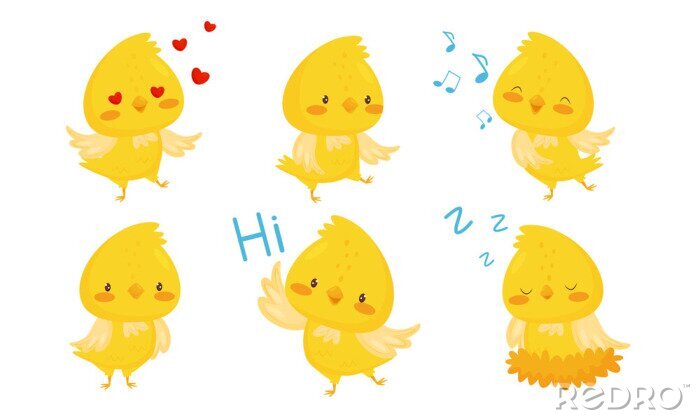 Sticker  Cute Chicken Cartoon Chracters, Emotional Funny Bird in Different Situations Vector Illustration