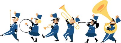 Sticker  Cute children playing instruments in a marching band parade, EPS 8 vector illustration