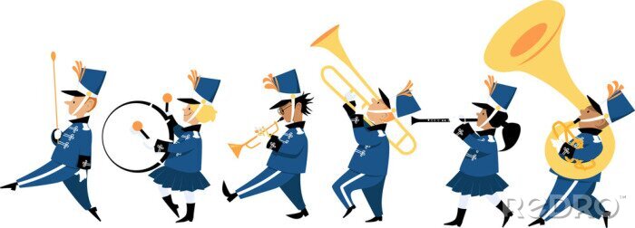 Sticker  Cute children playing instruments in a marching band parade, EPS 8 vector illustration