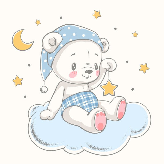 Sticker  Cute dreaming baby bear cartoon hand drawn vector illustration. Can be used for baby t-shirt print, fashion print design, kids wear, baby shower celebration greeting and invitation card.
