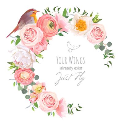 Sticker  Cute floral vector round frame with ranunculus, peony, rose, green plants and small bird on white. Peachy, white and yellow flowers. Crescent shape bouquet