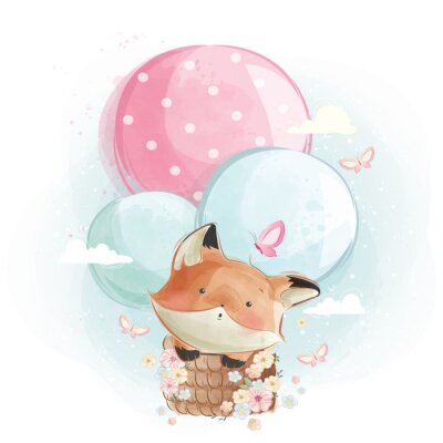 Sticker  Cute Fox Flying with Balloons