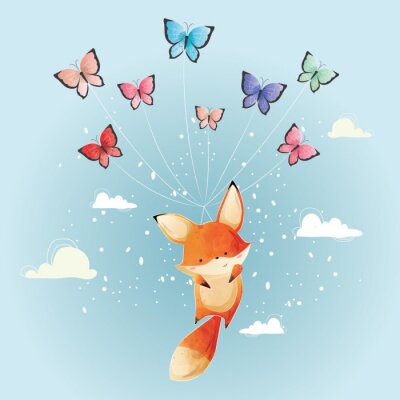 Sticker  Cute Fox Flying with Butterflies