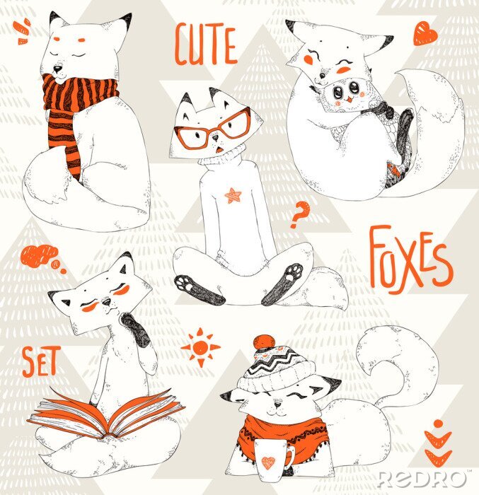 Sticker  Cute Foxes set, collection de croquis doodle, animaux de bande dessinée drôle en casquettes, chandails et écharpes. Little Fox embrasse le hibou. Noël, conception, hiver, pattern.hand, dessiné, vecteu
