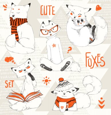 Papier peint à motif  Cute Foxes set, collection de croquis doodle, animaux de bande dessinée drôle en casquettes, chandails et écharpes. Little Fox embrasse le hibou. Noël, conception, hiver, pattern.hand, dessiné, vecteu