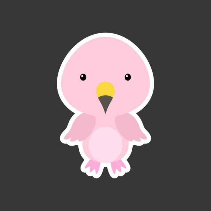 Sticker  Cute funny baby flamingo sticker. Tropical adorable bird character for design of album, scrapbook, card, poster, invitation. Flat cartoon colorful vector stock illustration.