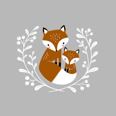 Sticker  Cute hand drawn vector foxes in wreath. Perfect for tee shirt logo, greeting card, poster, invitation or print design. 