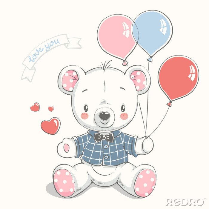 Sticker  Cute little bear with balloons cartoon hand drawn vector illustration. Can be used for baby t-shirt print, fashion print design, kids wear, baby shower celebration, greeting and invitation card.