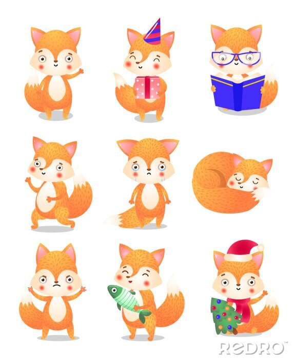 Sticker  Cute little fox in action set. Raster illustration in flat cartoon style
