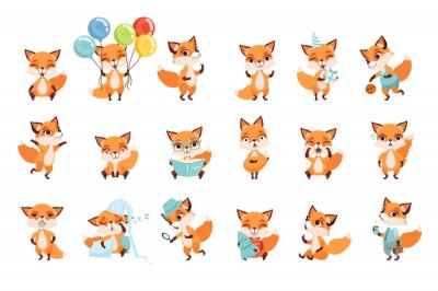 Sticker  Cute little foxes showing various emotions and actions. Cartoon characters of forest animals. Flat vector design for mobile app, sticker, kids print, greeting card
