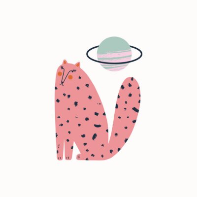 Sticker  Cute pink cat and Saturn illustration in vector. Cartoon doodle style. Space animal concept.
