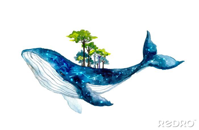Sticker  Cute watercolor whale. Dreams illustrations