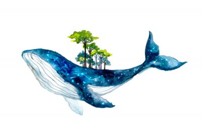Sticker  Cute watercolor whale. Dreams illustrations