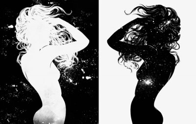 Sticker  Danser seul dans l'univers. Une jeune fille nue aux cheveux longs danse contre les étoiles et les galaxies. Main numérique
