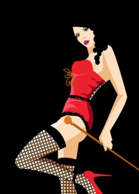 Sticker  Danseuse de cabaret dans un rouge. Affiche de vecteur rétro