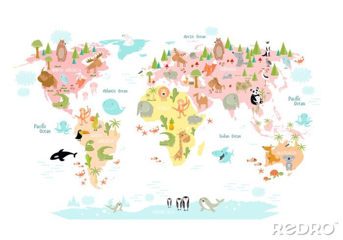 Sticker  De fabuleux animaux sur une carte du monde