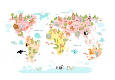 Sticker  De fabuleux animaux sur une carte du monde