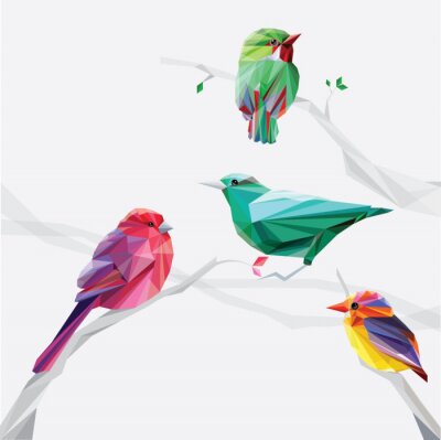 Sticker  de style bas de polygone oiseaux colorés sur des branches d'arbres mis collection