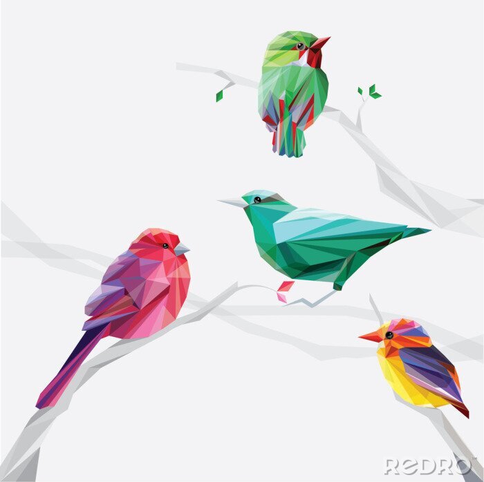 Sticker  de style bas de polygone oiseaux colorés sur des branches d'arbres mis collection