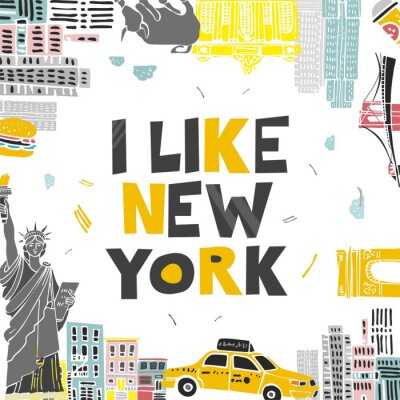 Sticker  Decorative banner with symbols and attractions and the words I love New York. Postcard for tourists, travel guides, invitations. Poster for wall decoration in the room, classroom. Vector illustration.