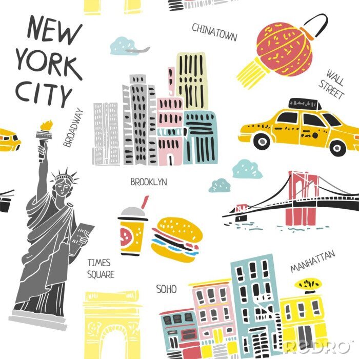 Sticker  Decorative seamless pattern with new York symbols isolated on white. Background with architecture, names of attractions in the city of America for tourism, printing on Souvenirs. Vector illustration.