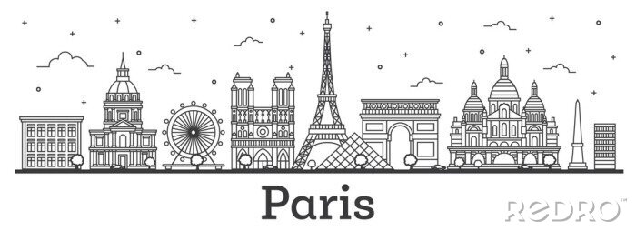 Sticker  Décrire les toits de la ville de Paris France avec des bâtiments historiques isolés sur blanc.