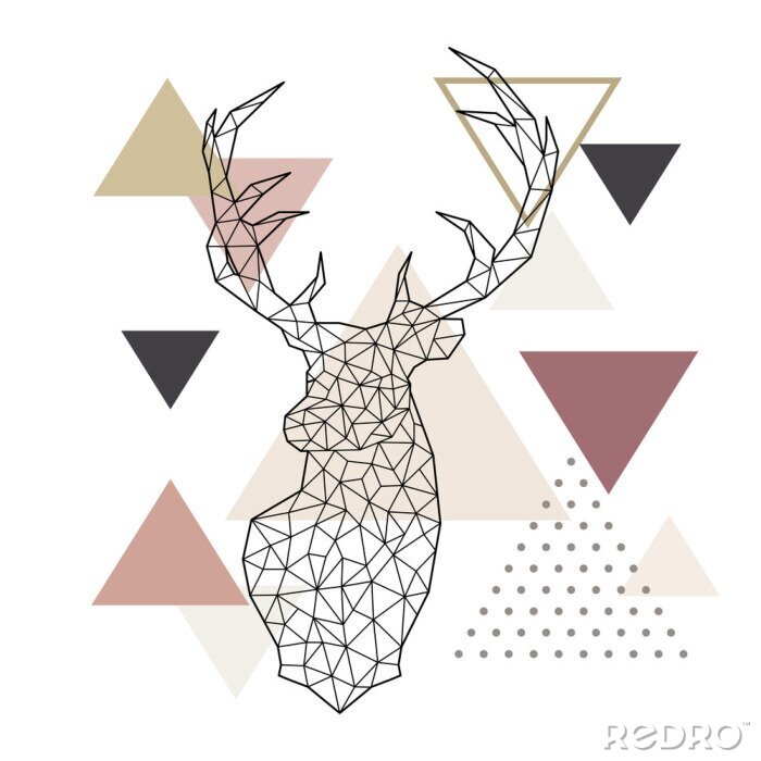 Sticker  Deer head in a geometric style on abstract background with triangles. Scandinavian style illustration.