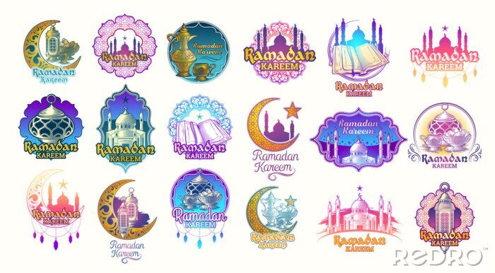 Sticker  Définissez des illustrations en couleur vectorielle, des badges, des emblèmes pour Ramadan Kareem. Grand ensemble de couleurs d'éléments de conception pour le salut du Ramadan