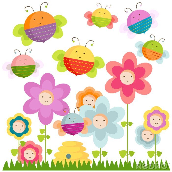 Sticker  Des abeilles et des fleurs colorées