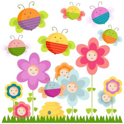 Sticker  Des abeilles et des fleurs colorées