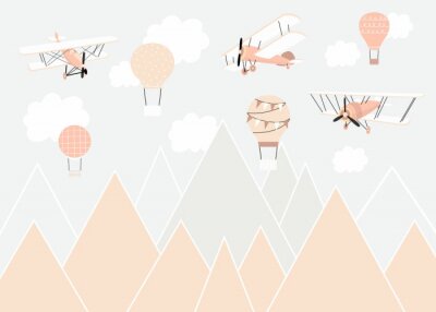 Sticker  Des montgolfières et des avions survolant un paysage montagneux