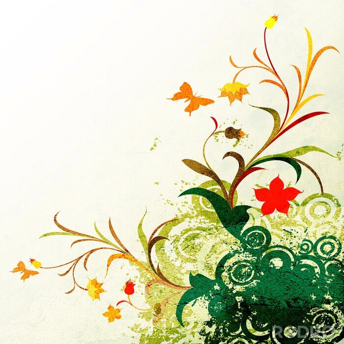 Sticker  design floral grunge avec des cercles et des papillons