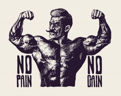 Sticker  Design T-shirt or Poster No Pain No Gain! With Bodybuilder with a mustache. Retro Engraving Linocut Style. Vector Illustration. 