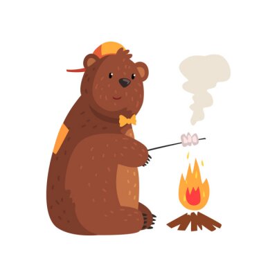Dessin animé ours guimauve frire le feu dans les bois. Grizzly adorable en cape et noeud papillon. Animal sauvage à fourrure brune, petites oreilles arrondies et pattes à griffes. Vecteur plat