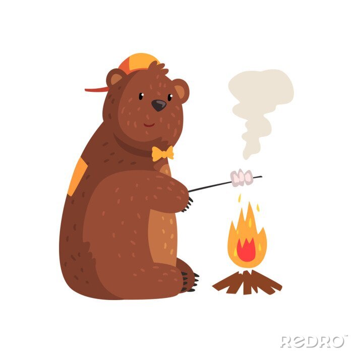 Sticker  Dessin animé ours guimauve frire le feu dans les bois. Grizzly adorable en cape et noeud papillon. Animal sauvage à fourrure brune, petites oreilles arrondies et pattes à griffes. Vecteur plat