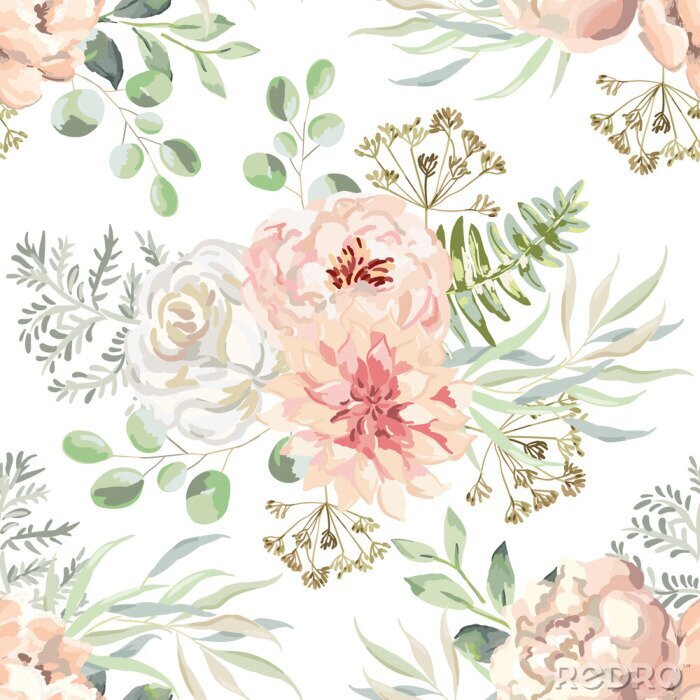 Sticker  Dessin aquarelle de pivoines et de roses pastel