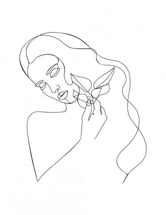 Sticker  Dessin au trait d'une femme tenant des feuilles