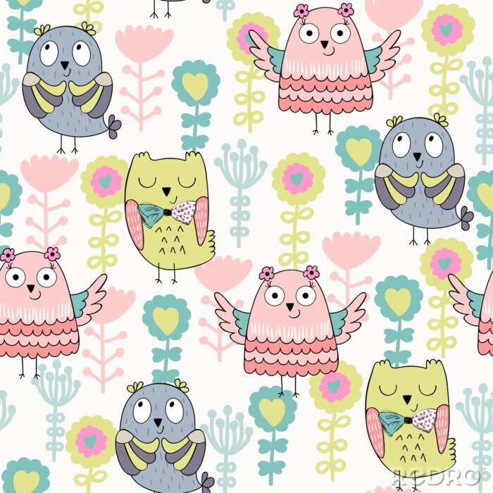 Sticker  Dessin coloré avec des hiboux, des chouettes et des fleurs