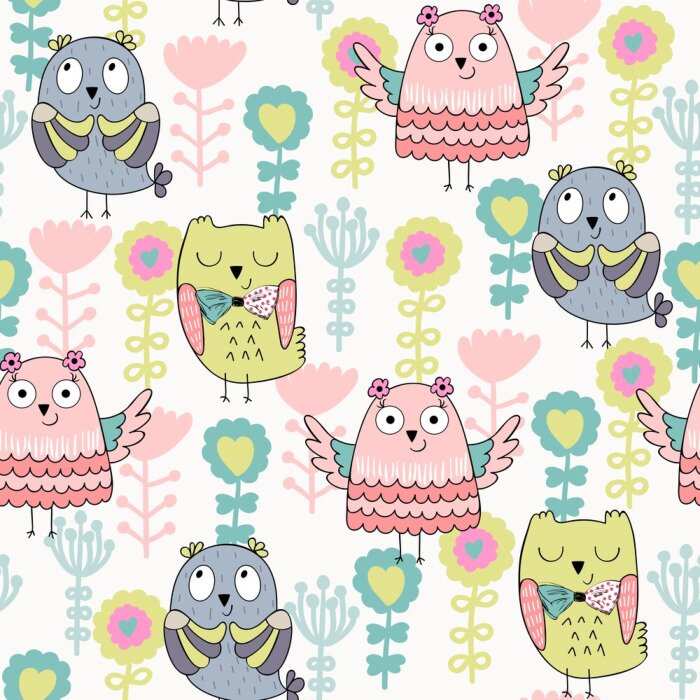 Sticker  Dessin coloré avec des hiboux, des chouettes et des fleurs