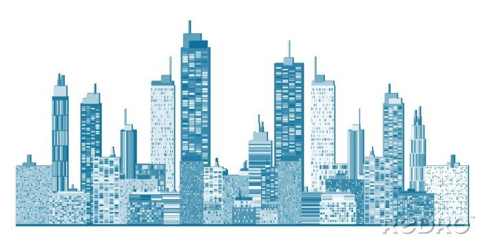Sticker  Dessin d'un panorama urbain avec des bâtiments bleus