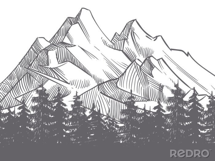 Sticker  Dessin forêt noir et blanc sur fond de montagnes