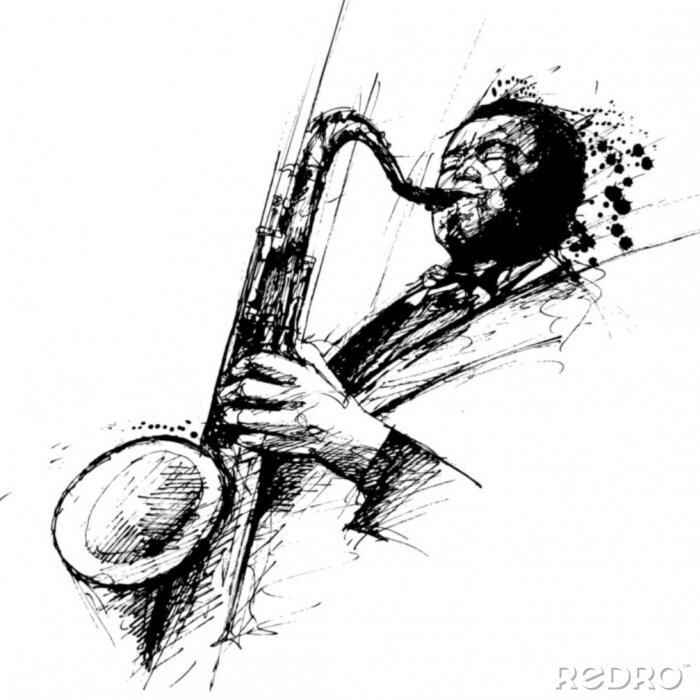 Sticker  dessin freehanding d'un saxophoniste de jazz