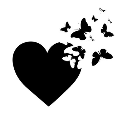 Dessin noir et blanc d'un coeur avec des papillons