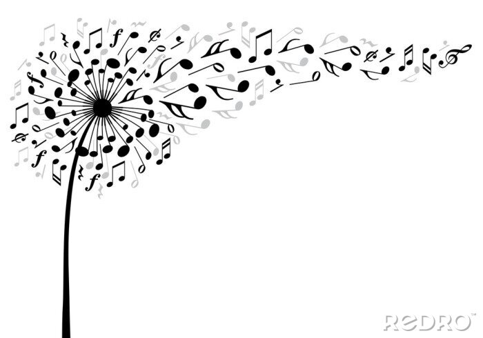 Sticker  Dessin noir et blanc d'un pissenlit composé de notes de musique