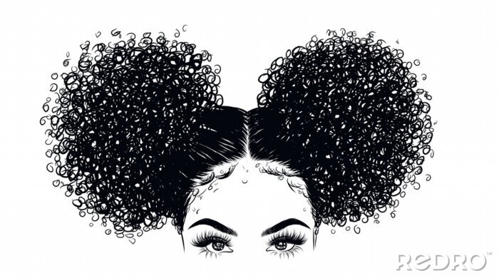 Sticker  Dessin noir et blanc d'une fille aux cheveux bouclés