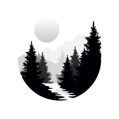 Sticker  Dessin noir et blanc forêt et soleil