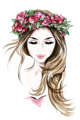 Dessinée belle jeune femme dans la couronne de fleurs. Fille mignonne aux cheveux longs. Esquisser. Illustration vectorielle.