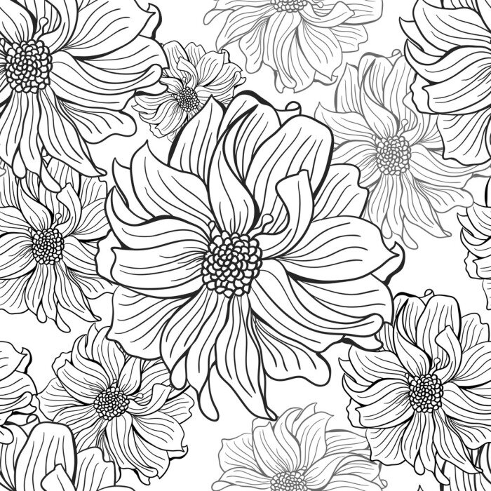 Sticker  Dessinés à la main des fleurs de dahlia en noir et blanc, sans couture.