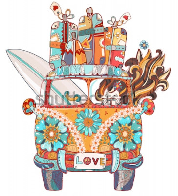 Sticker  Dessinés à la main doodle contour rétro bus voyage décoré avec vue de face d'ornements. Illustration de vecteur zen art.Ornement floral.Esquisse pour le style de tatouage ou printBoho.