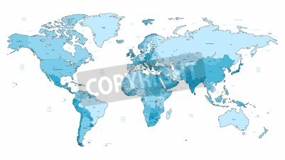 Sticker  Detailed World map of light blue colors. Names, town marks and national borders are in separate layers.